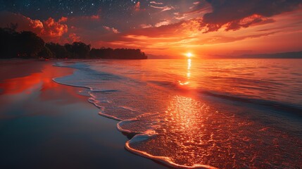 Stunning tropical beach at dusk with palm trees silhouetted against a vibrant sunset and a star-filled sky. Perfect for serene, romantic, and exotic themes