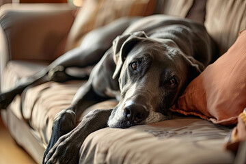 Front view of relaxed Great Dane in cozy living room, warm lighting, couch and coffee table.
