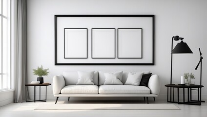 Modern white large luxury modern bright interiors Living room mockup with picture frame