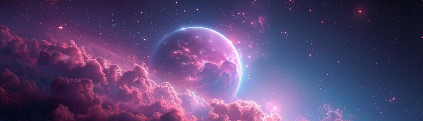 A bright planet glows in the sky, surrounded by pink clouds.