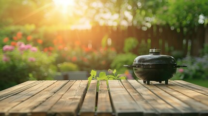 Summer BBQ Setup in Backyard Garden with Grill and Wooden Table, Blurred Background