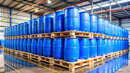 Blue plastic barrel drums stacked on wooden pallets in warehouse, containing chemical liquids, awaiting delivery, industrial manufacturing scene.