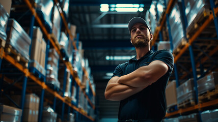 Man with crossed arms in warehouse