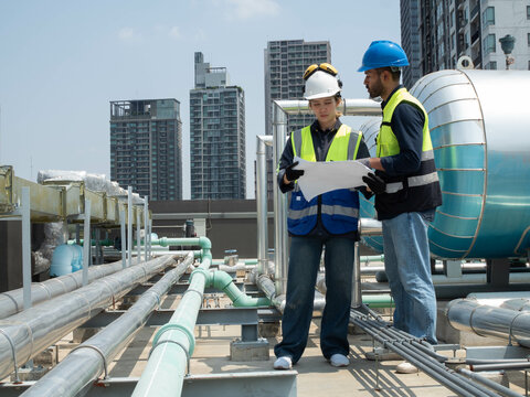Labor  employee supervisor manager white blue collor hardhat helmet safety planning project site pipe water pipeline industry tube construction plumber metal repair technology sewage drainage faucet 