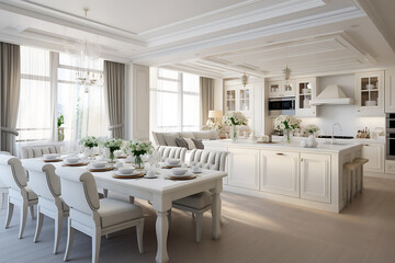 Fototapeta premium Luxury dining room and living room in classic style.