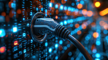 A close-up of an EV charging port with neon blue lights glowing against a backdrop of digital codes, emphasizing modern energy solutions.