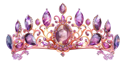 Elegant gold tiara adorned with purple gemstones. Perfect for royalty, princess themes, or luxurious events. Intricate design and stunning craftsmanship isolated on transparent background, PNG