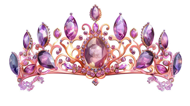 Elegant gold tiara adorned with purple gemstones. Perfect for royalty, princess themes, or luxurious events. Intricate design and stunning craftsmanship isolated on transparent background, PNG