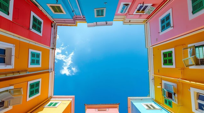 Photo of a sky view from the ground looking up at multi colored buildings, blue sky, symmetrical composition, bright colors. The photo is in the style of a colorful composition.