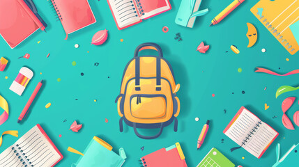 3d cartoon school study things on the table including books, pencil, clock and other elements, using as back to school theme poster and background