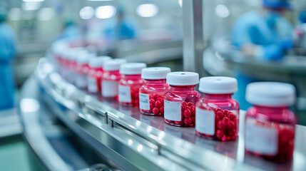 medical vials on production line in a pharmaceutical company manufacturing facility 