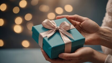 A woman joyfully holds a blue gift box with background defocused lights in blur