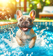 Happy french bulldog dog smiling and splashing in swimming pool water