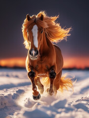 Obraz premium horse running on snow, sunrise or sunset, landscape with animals, dawn or dusk. Wall Art Poster Print Design for Home Decor, Decoration Artwork, High Resolution Wallpaper & Background for Computer
