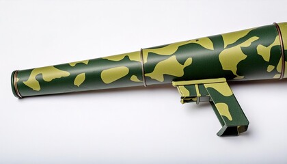 bazooka - a man portable recoilless anti tank rocket launcher weapon, widely deployed by the United States Army - in green camouflage color. Military combat war concept paper origami isolated on white
