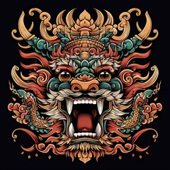 Fototapeta premium illustration of the artwork and design of the Balinese barong t-shirt which is very beautiful
