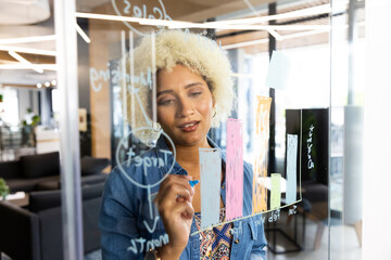 Young biracial woman drawing colorful bar graph on glass board in modern business office