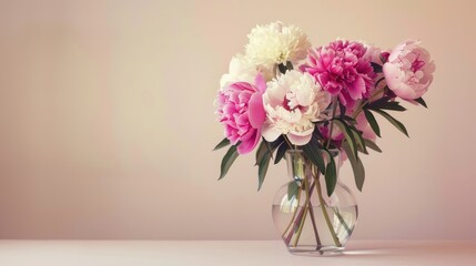 Fototapeta premium a bouquet of peonies in a glass vase on a light background. beige background