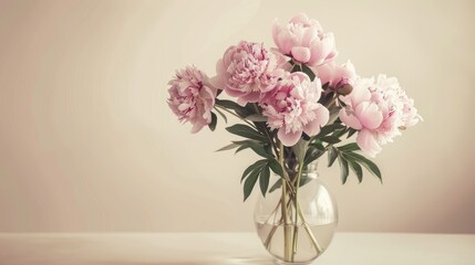 a bouquet of peonies in a glass vase on a light background. beige background