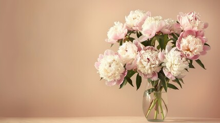 Fototapeta premium a bouquet of peonies in a glass vase on a light background. beige background