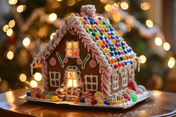Gingerbread house with colorful candy decorations