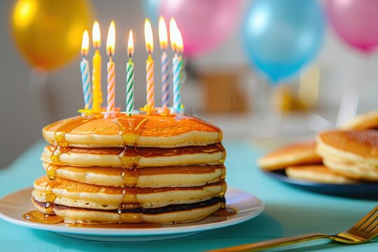 Stack of pancakes with lit candles for birthday celebration