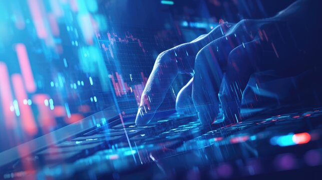Detailed shot of fingers on a keyboard, illuminated by a soft light glow, with binary code sequences and stock graphs blending into the background, symbolizing digital finance.