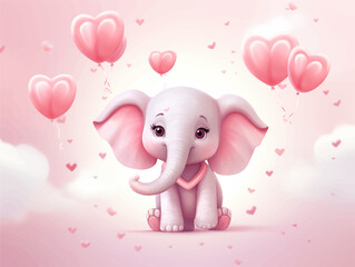 Pink cute little elephant floating in the air with balloons. Children's book illustration style isolated on a pink clouds background.