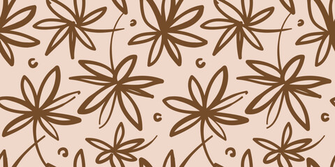Abstract contemporary seamless pattern with hand drawn flower shapes, spots, dots and lines with textures. Vibrant boho print. Modern