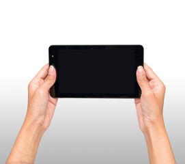 Hand Touching Phone Screen with black smartphone, isolated on white background. Hand pointing scrolling social media screen presentation Mockup.