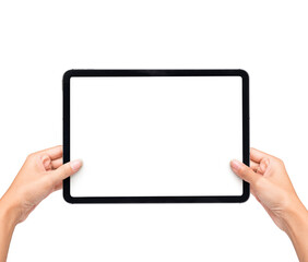 Hand Touching Phone Screen with black smartphone, isolated on white background. Hand pointing scrolling social media screen presentation Mockup.