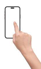 Hand Touching Phone Screen with black smartphone, isolated on white background. Hand pointing scrolling social media screen presentation Mockup.