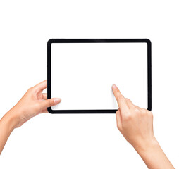 Hand Touching Phone Screen with black smartphone, isolated on white background. Hand pointing scrolling social media screen presentation Mockup.