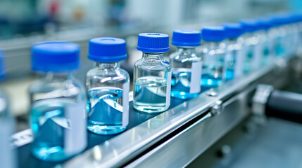 medical vials on production line in a pharmaceutical company manufacturing facility 