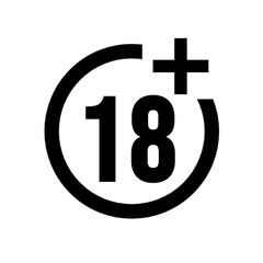 Fototapeta premium 18 Plus icon. Adult Plus Age Circle symbol in a black filled. Eighteen years limit sign. Flat icon. 