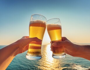 海を背景に、ビールで乾杯