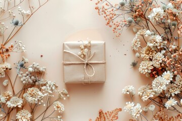 Fototapeta premium Flat lay of gift box and dried flowers, providing lots of room for text