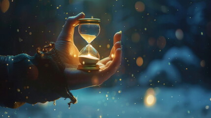 businessman hold hourglass on hand, time countdown, clock with sand, hologram data graph