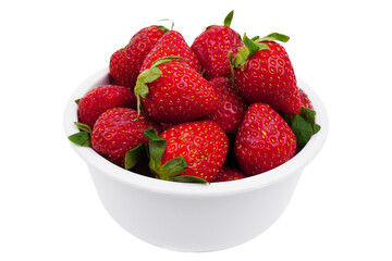 a white bowl full of tasty fresh red strawberries isolated transparent