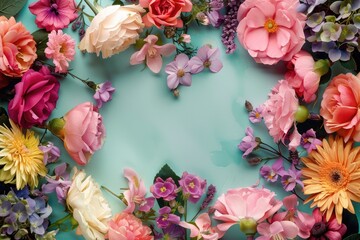 Fototapeta premium Beautiful blooms meticulously arranged in a frame shape against a colorful backdrop, creating an elegant and visually appealing composition perfect for various design projects.