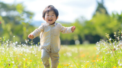 小さなお花が咲く明るい草原を笑顔で走る5歳の日本の男の子
