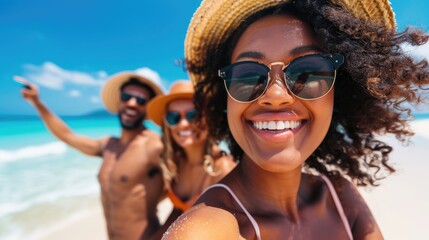 Obraz premium Raw image of a diverse group of friends enjoying a day at the beach, with candid moments reflecting their joy and the vibrant summer atmosphere