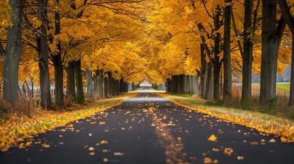 Fototapeta premium Autumn Canopy, Tranquil Road Through Vibrant Tree Tunnel