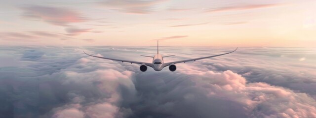 Photo of, An airliner soaring high above the clouds against a backdrop of vivid colors