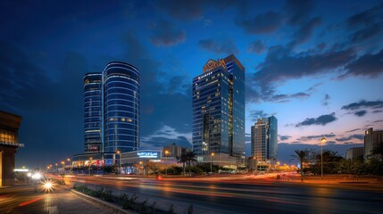 Obraz premium Blue Hour Elegance: King Abdullah Financial District (KAFD), Riyadh, Saudi Arabia