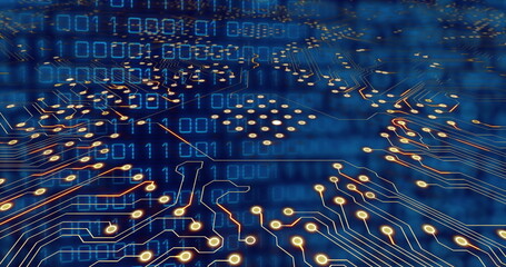 Image of glowing golden motherboard over binary data processing on blue background