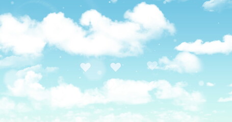Image of digital heart shapes over cloudy sky, copy space