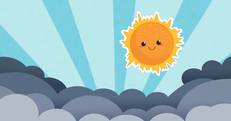 Image of sun and clouds over blue striped background