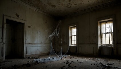 Obraz premium Cobwebs hang like veils in the corners of the scary room, hinting at its long-abandoned secrets ai_generated