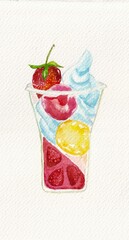 Strawberry parfait ice cream topped with whipped cream and fresh strawberries and strawberry jelly. Watercolor painting.